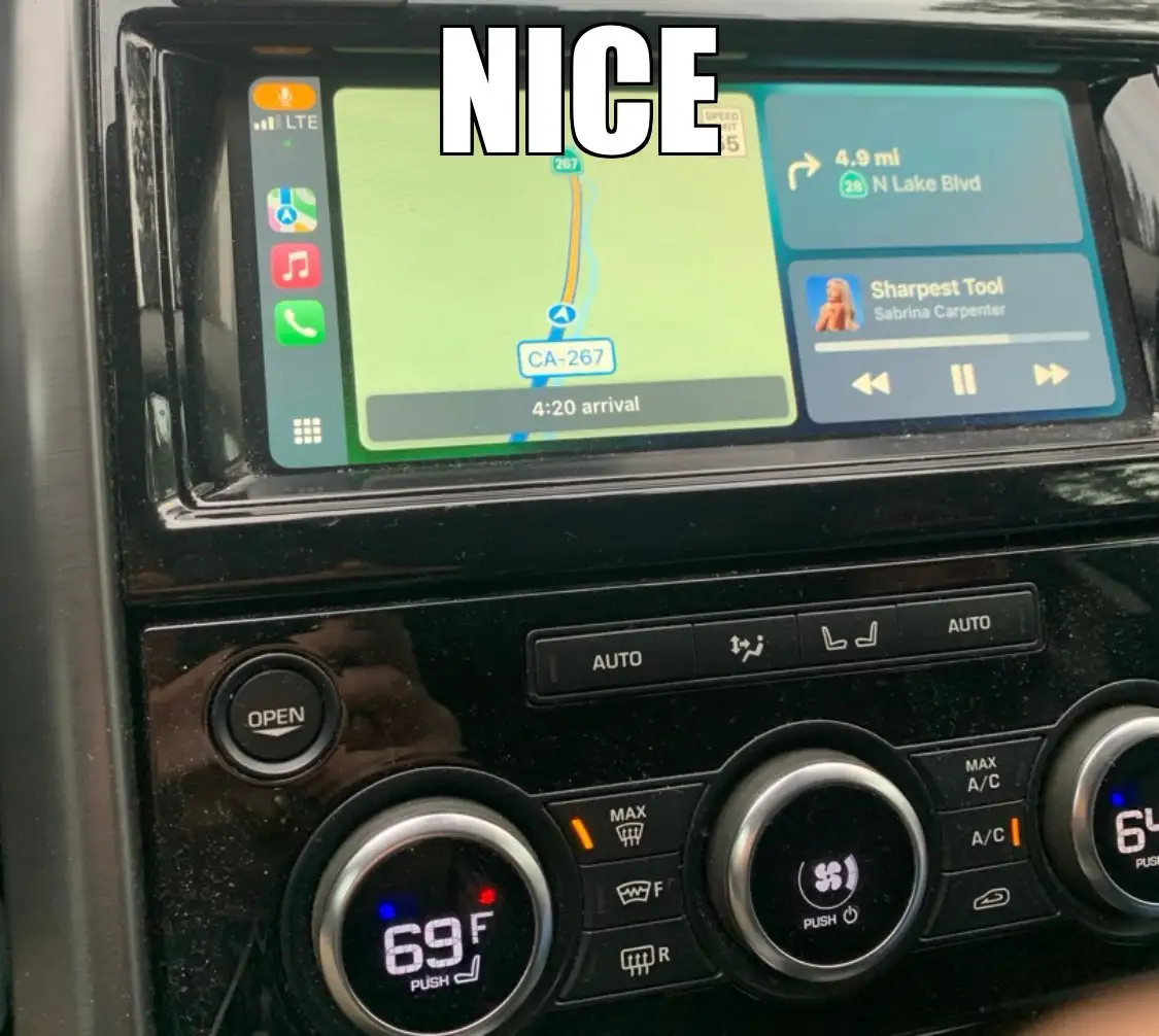 A close-up photo of a car's infotainment screen showing a navigation map with route CA-267 and an estimated 4:20 arrival…