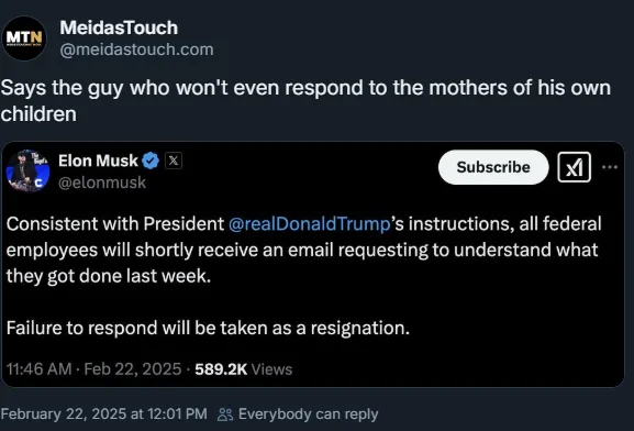 A screenshot of a social media post from 'MeidasTouch' featuring a tweet from Elon Musk's account. The tweet, dated February…