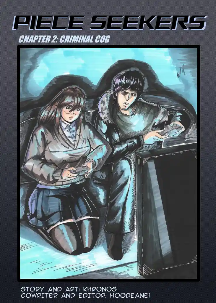 The image is a comic book cover for 'Piece Seekers, Chapter 2: Criminal Cog,' featuring two anime-style characters sitting…