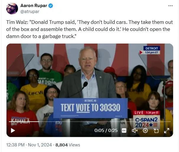 A screenshot of a tweet by Aaron Rupar showing a video clip of Tim Walz speaking at a campaign event in Detroit, MI. He is…