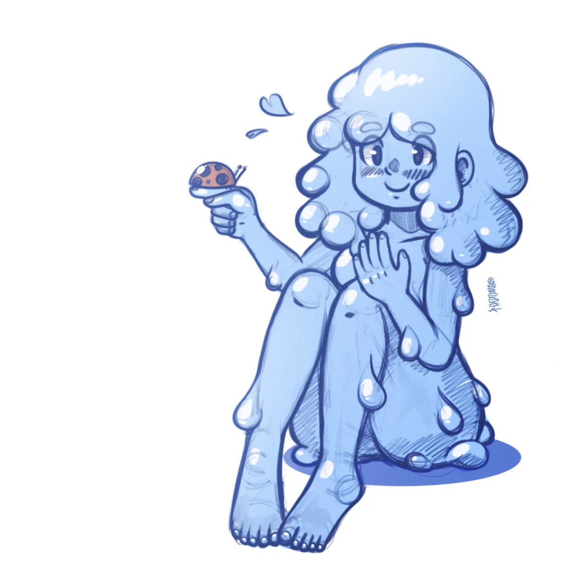 A blue, bubbly, cartoon-style character with a joyful expression is sitting and holding a small ladybug in one hand, while…