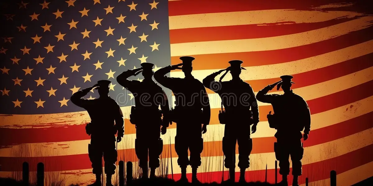 Five silhouetted soldiers stand in a row, saluting, against a stylized American flag background with stars and stripes. The…