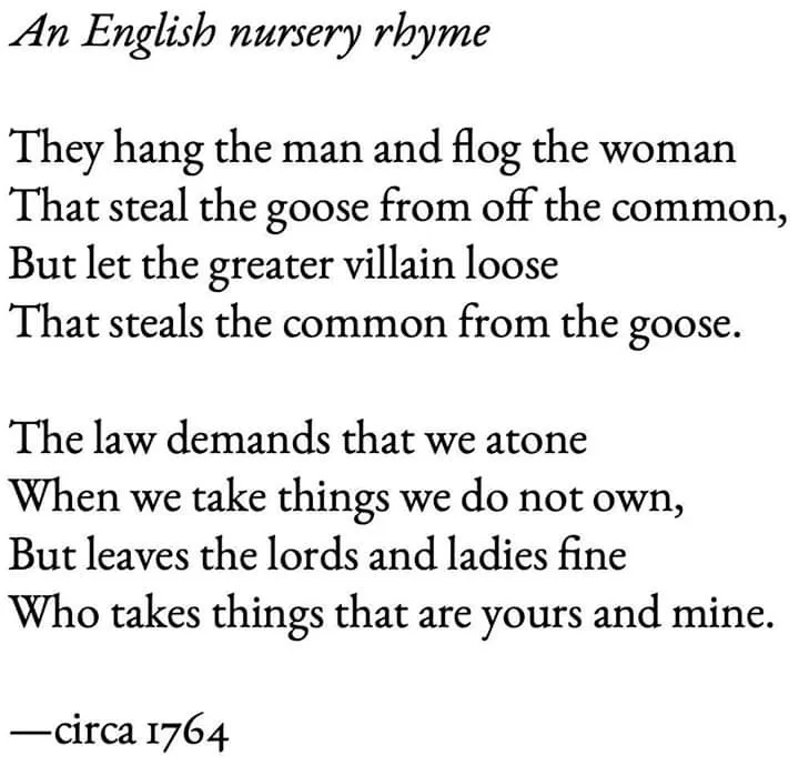 The image displays a black-and-white text-only meme featuring a nursery rhyme attributed to circa 1764, which satirizes…