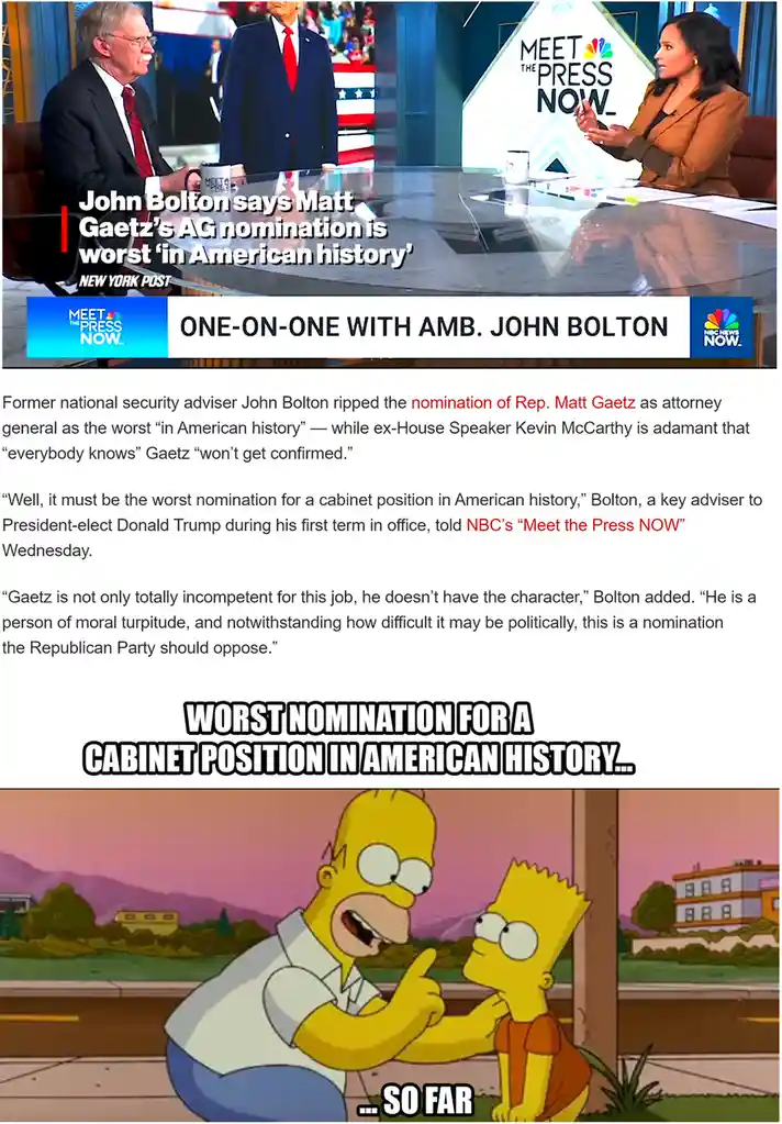 The image is a two-part meme. The top part shows a news segment from NBC's 'Meet the Press Now' featuring John Bolton being…