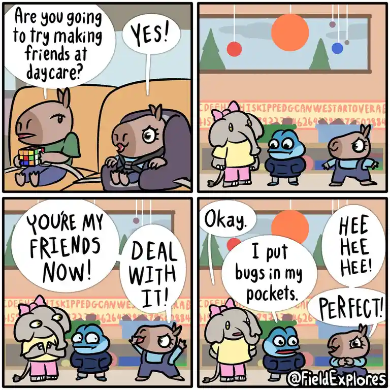 A four-panel comic strip featuring cartoon animal children. In the first panel, a child asks if another child is going to…