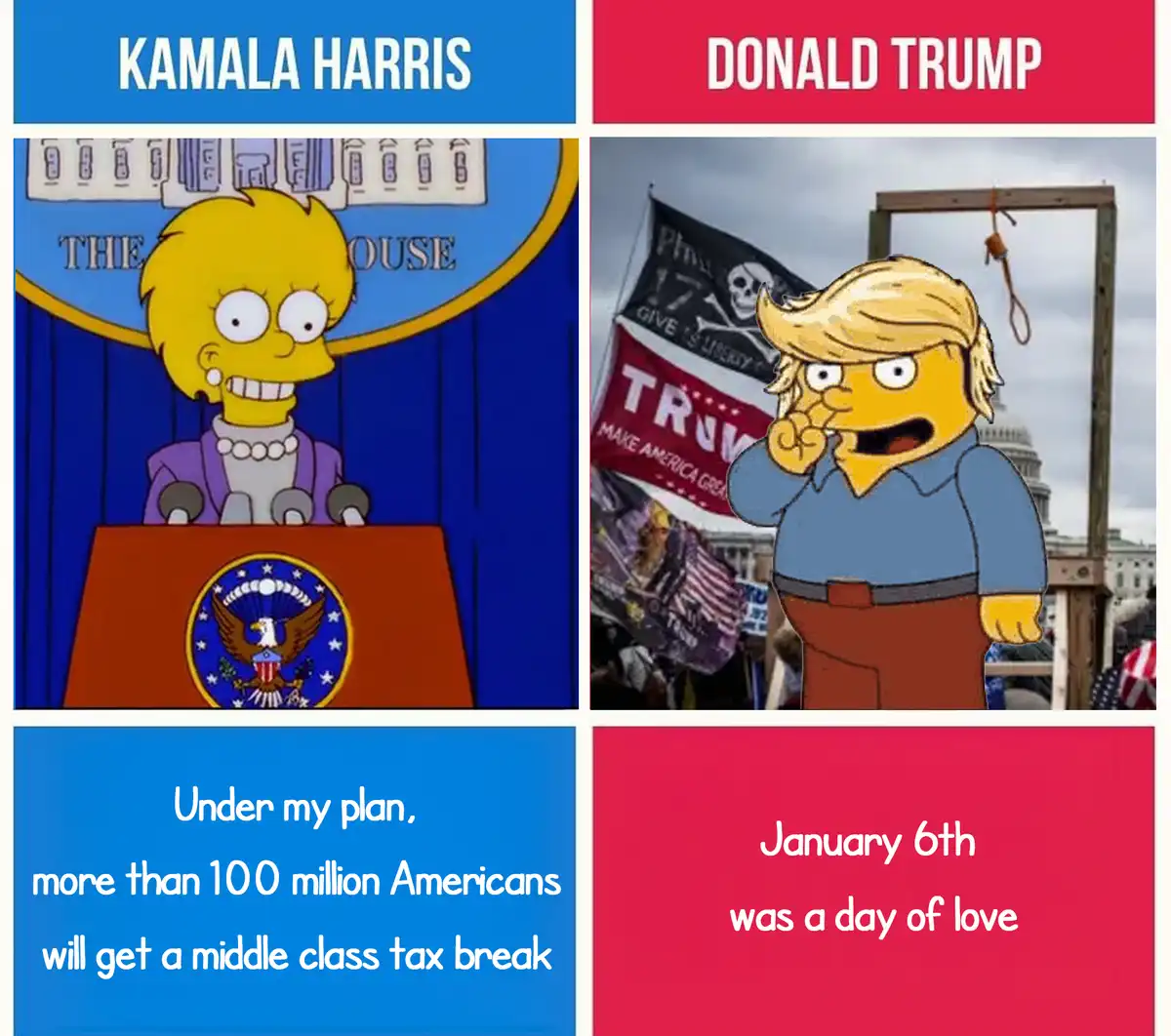 The image is a four-panel meme comparing Kamala Harris and Donald Trump. The left panel shows a Simpsons character…