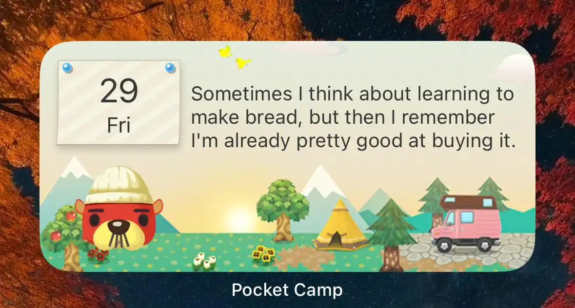 A cartoon-style image from the game 'Pocket Camp' shows a red bear wearing a hat, a yellow tent, a pink camper van, trees…