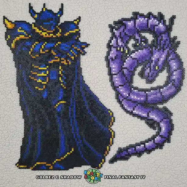 Two pixel-art style bead crafts depict Golbez and Shadow from Final Fantasy IV, standing side by side on a textured white…