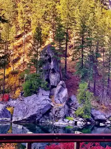 A scenic photo of a forested hillside with large grey rocks near a calm lake, viewed from behind a railing. The trees show…