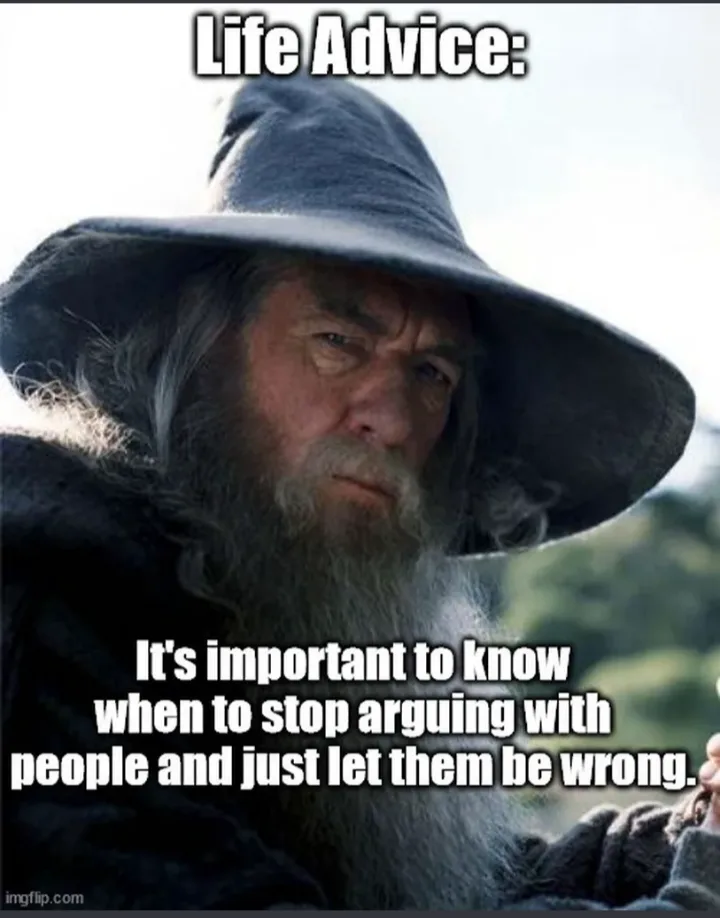 A close-up image of Gandalf the Grey from 'The Lord of the Rings' with a stern, knowing expression, overlaid with white text…