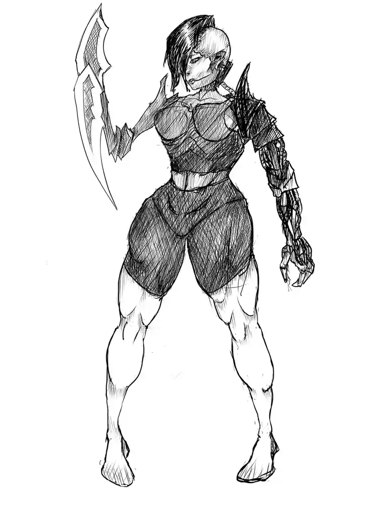 A black-and-white sketch depicts a heavily muscled, armored female warrior with short hair, holding a large curved blade in…