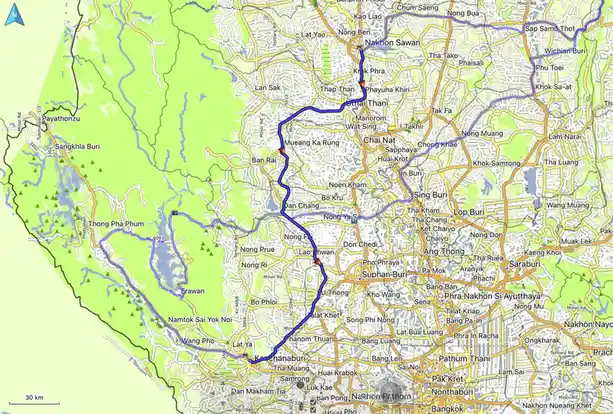A digital map of Thailand showing a winding blue route from Kanchanaburi to Nakhon Sawan, passing through towns like Dan…