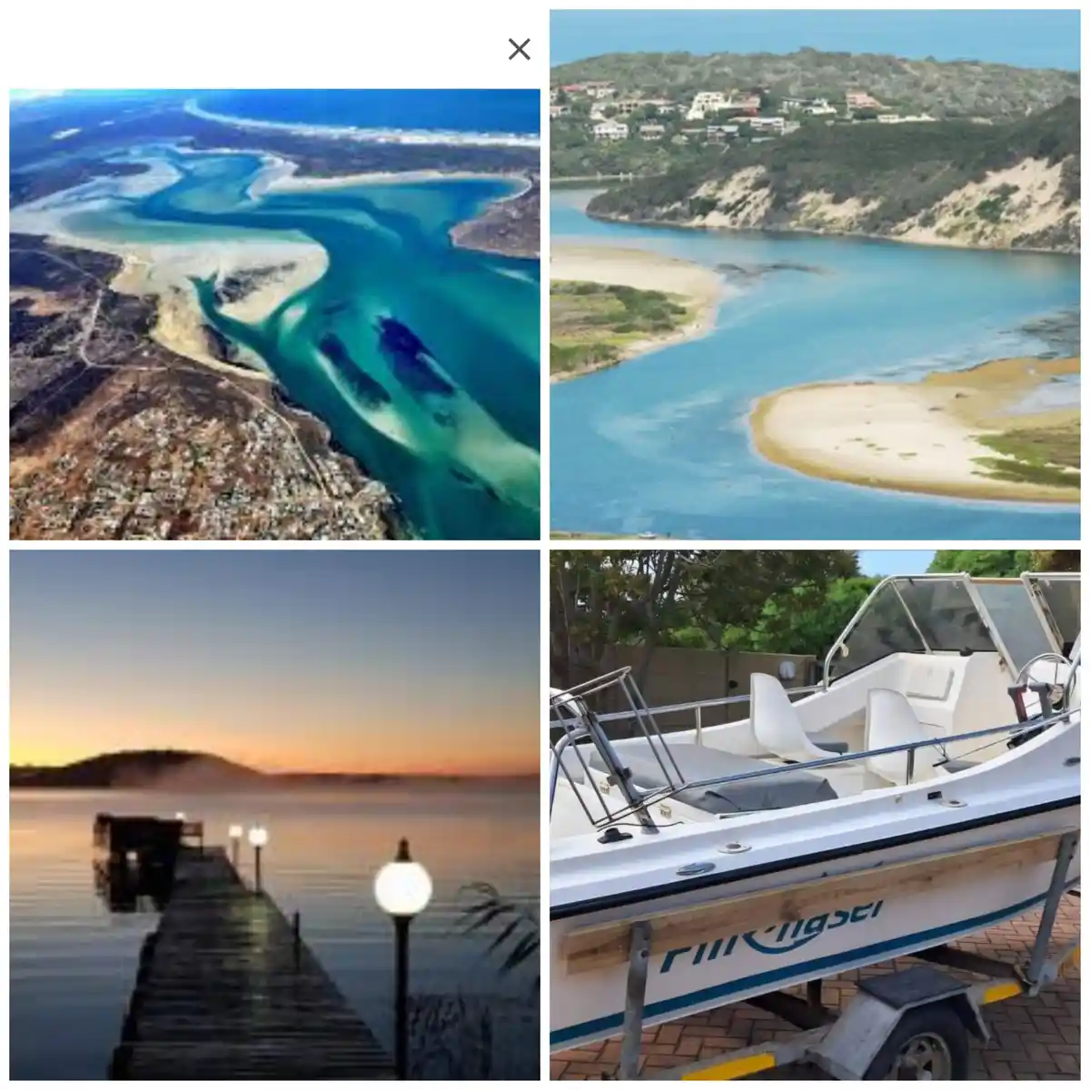 A four-panel collage shows four different scenic water views: an aerial shot of a winding river estuary, a bay with a sandy…