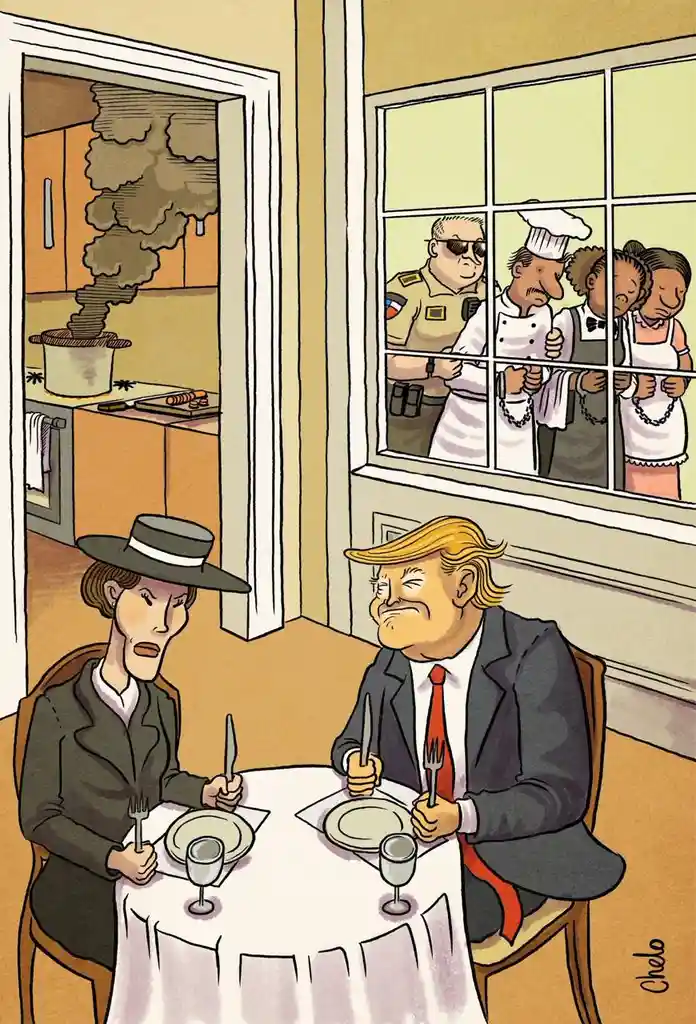 A cartoon depicts Donald Trump and Melania Trump seated at a dining table, smiling and holding cutlery while ignoring thick…
