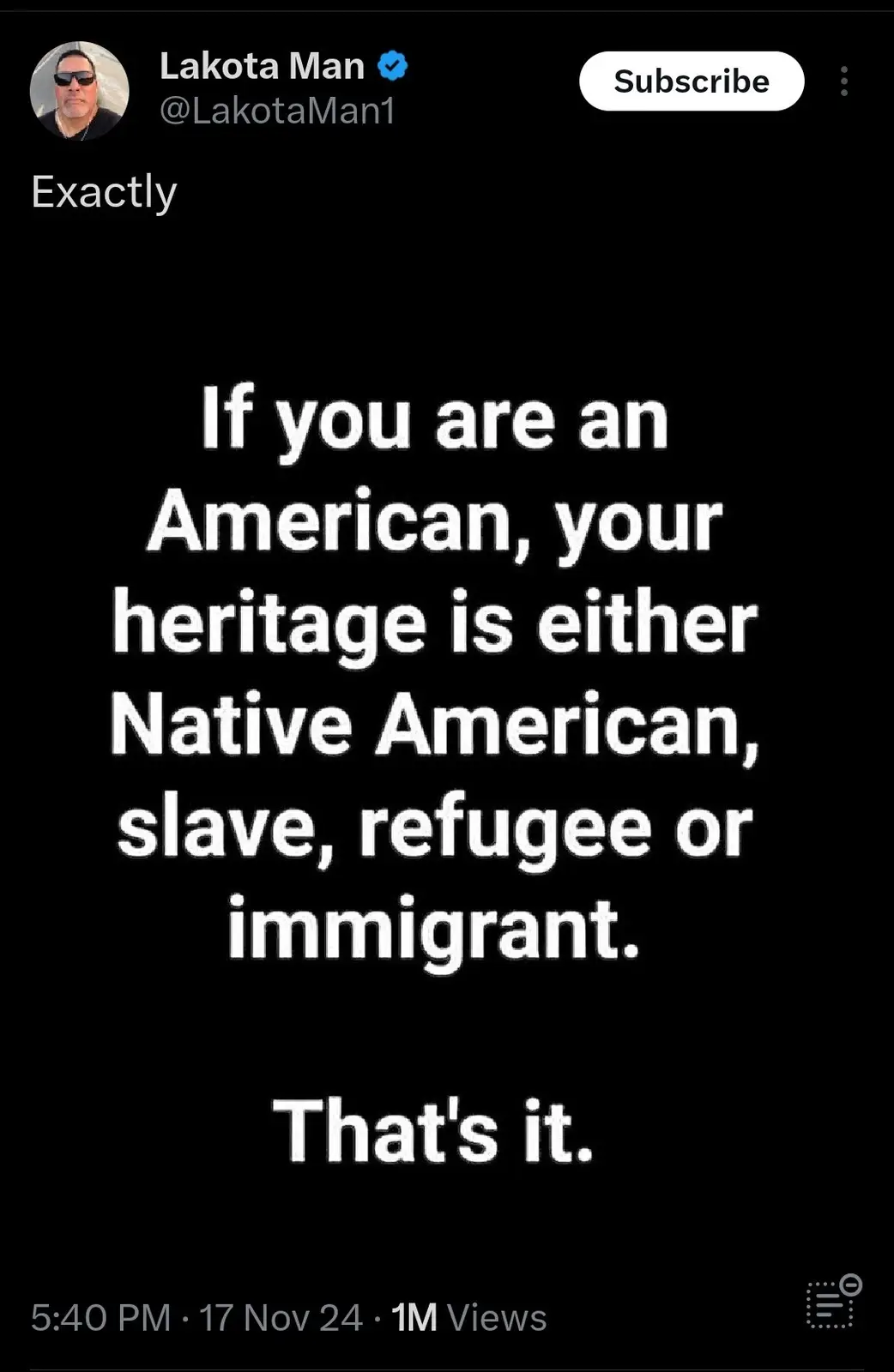 A black background image features white text stating 'If you are an American, your heritage is either Native American…