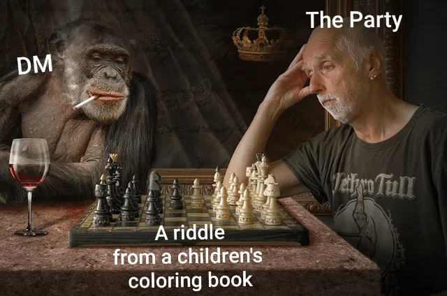 An image shows a chimpanzee labeled 'DM' smoking a cigarette and drinking wine, playing chess with an older man labeled 'The…