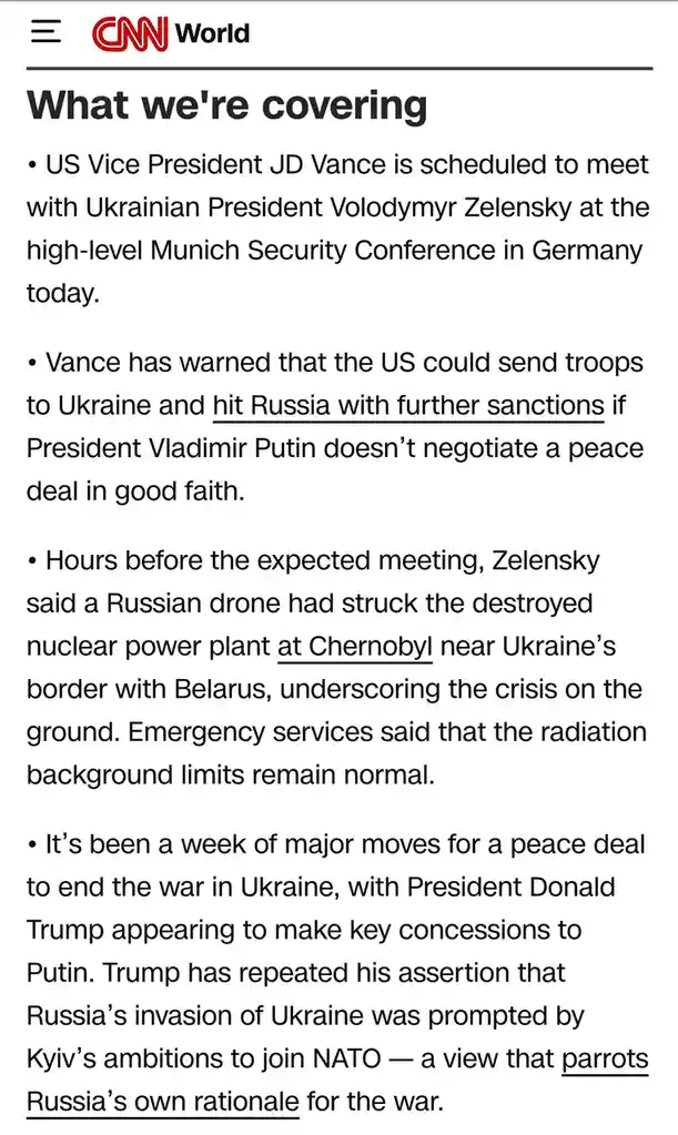 A screenshot of a CNN World news article titled 'What we're covering' lists several bullet points about current geopolitical…