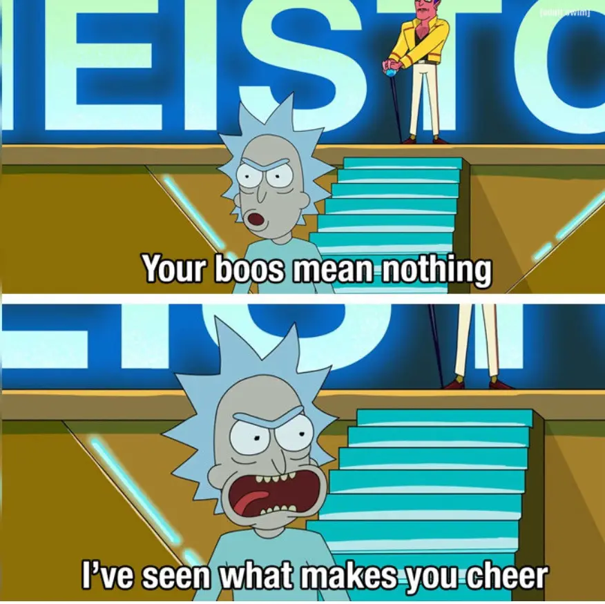 Two-panel meme featuring Rick from Rick and Morty. In the top panel, Rick stands on a stage with a stern expression, saying…