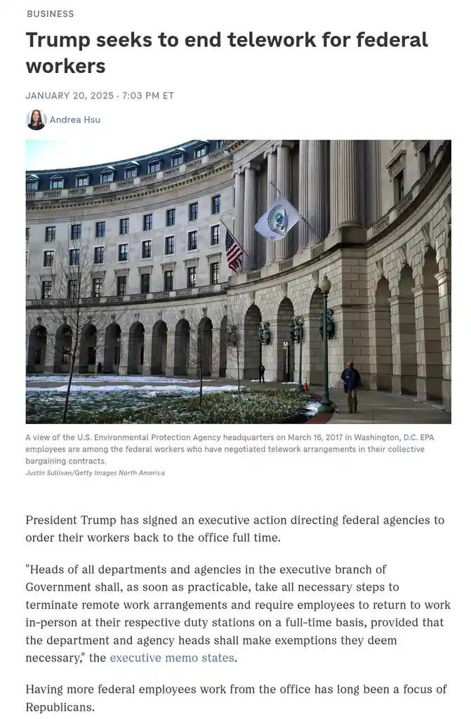 A screenshot of a news article from January 20, 2025, with the headline 'Trump seeks to end telework for federal workers'…