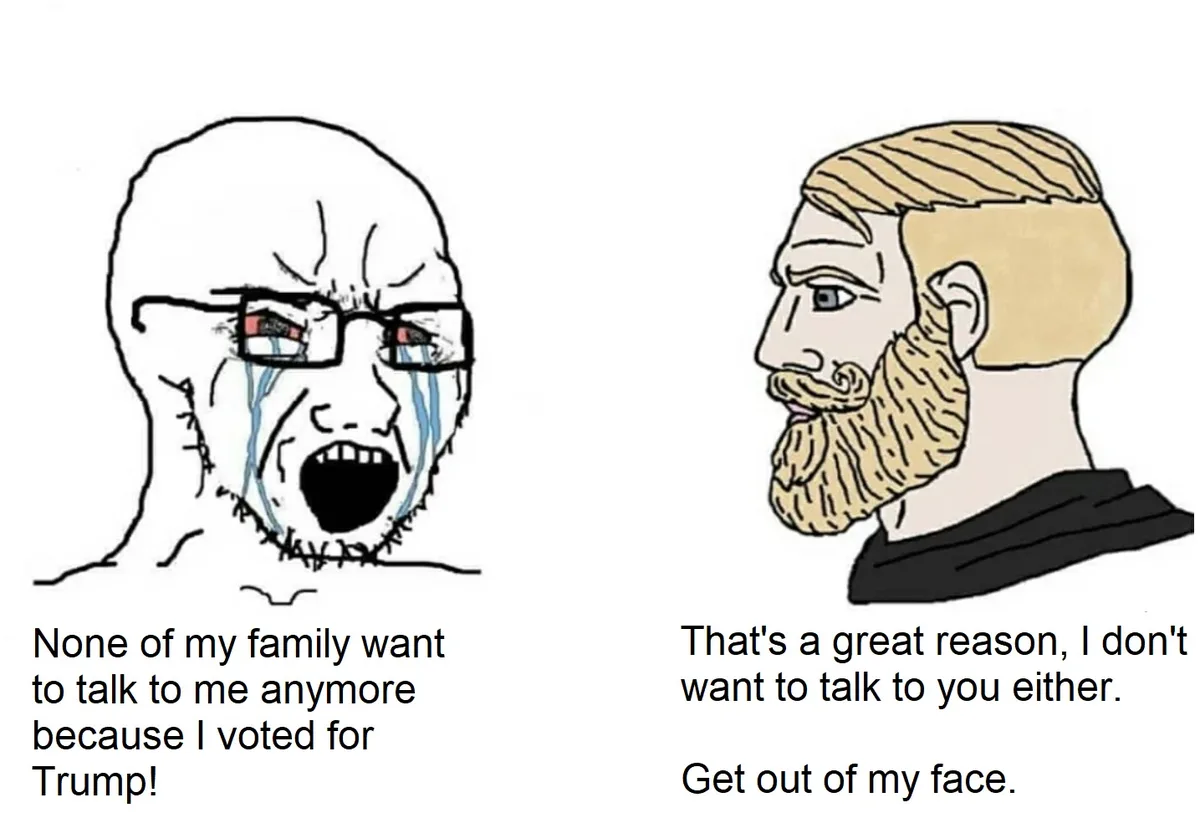 The image shows two cartoon faces side by side. The left face is a bald man with glasses, crying profusely with tears…