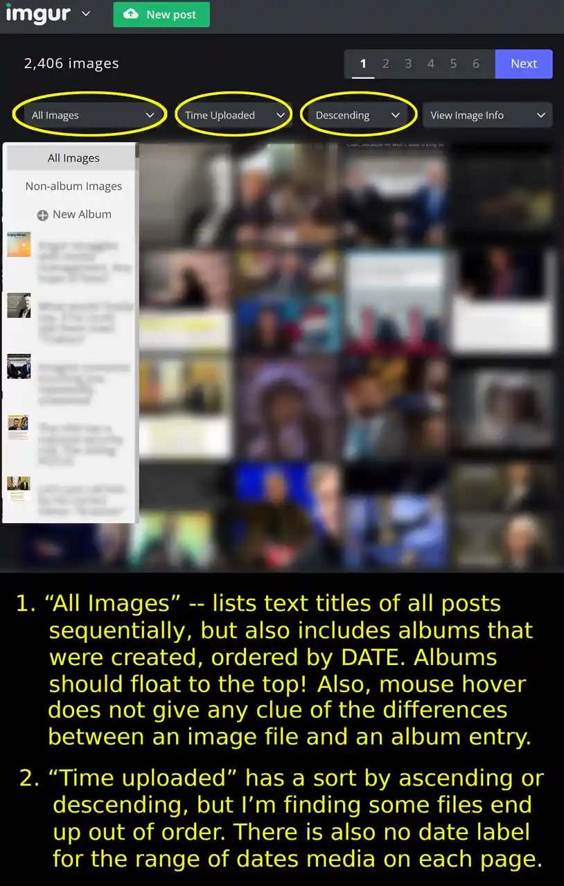 A screenshot of an Imgur image gallery interface showing three dropdown menus highlighted in yellow: 'All Images', 'Time…