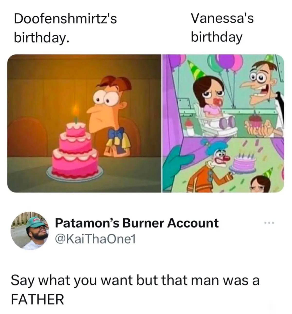 The image is a side-by-side comparison: on the left, Doofenshmirtz sits alone at a table with a large pink birthday cake…