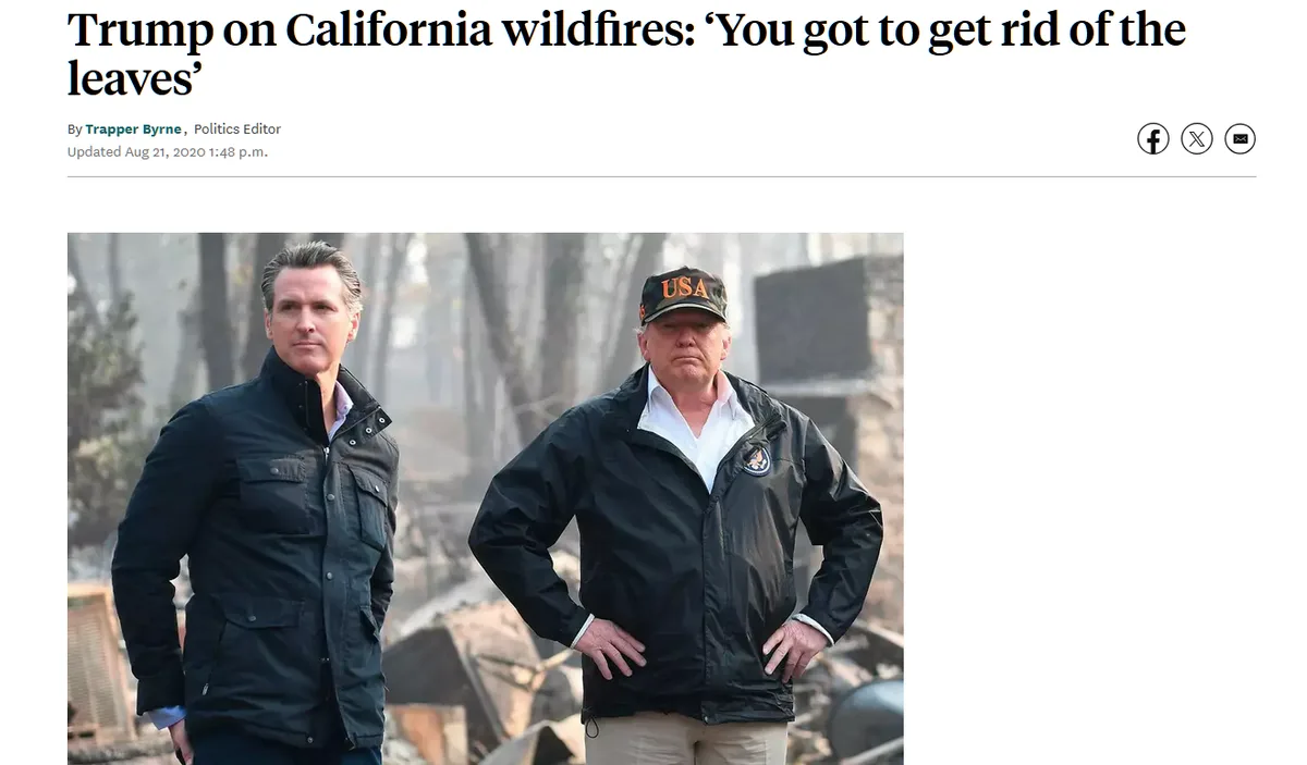 A screenshot of a news article header showing two men standing in a smoky, burned-out area with rubble and trees behind…