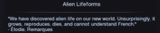 A dark-themed image displays the title 'Alien Lifeforms' at the top, followed by a quote attributed to 'Élodie, Remarques'…