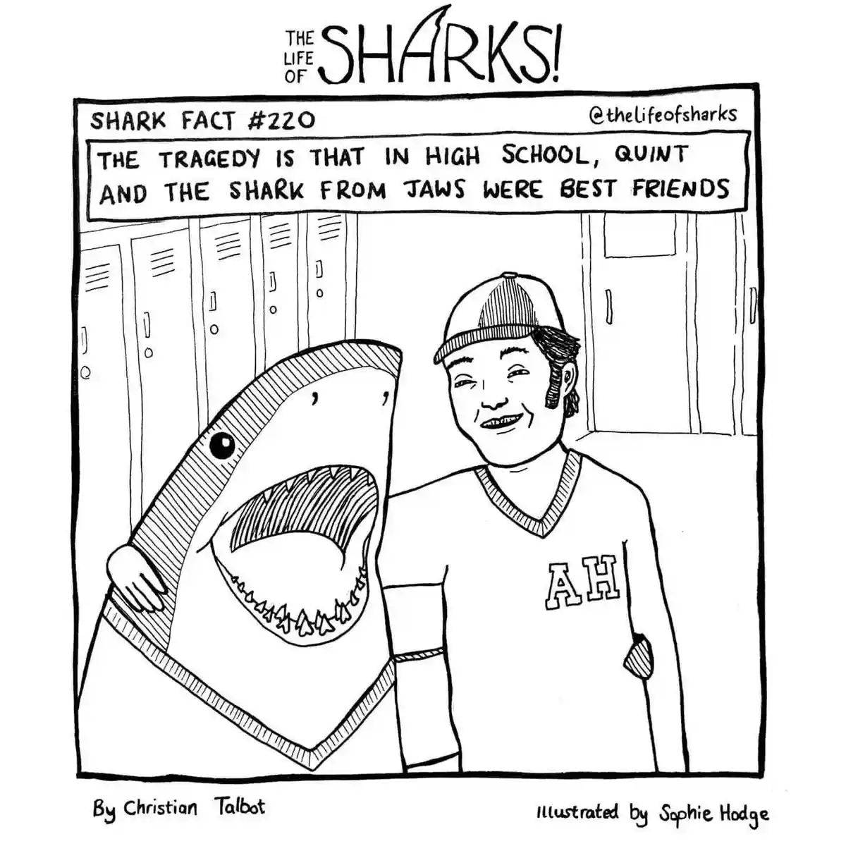 A black-and-white cartoon depicts a smiling man in a baseball cap and 'AH' jersey standing beside a large, smiling shark…