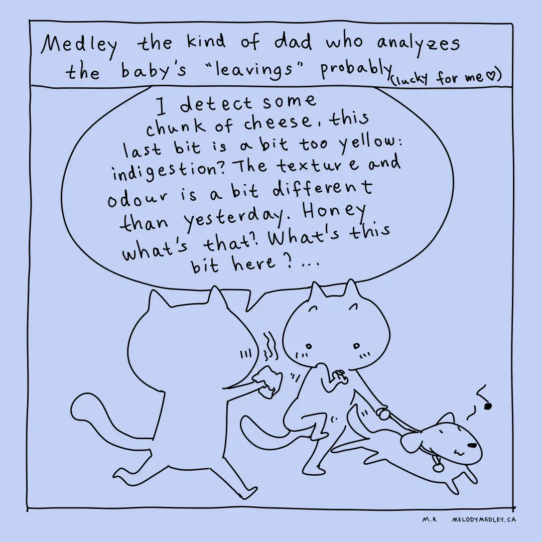 A cartoon drawing shows two cats and a dog running away from something. The cat in the front is speaking in a speech bubble…