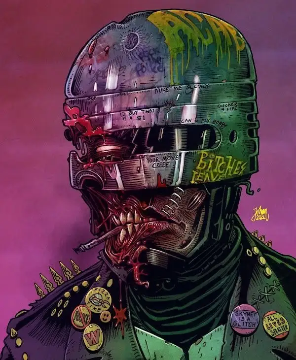 A grotesque, cybernetic humanoid with a shattered, half-melted helmet covered in graffiti-like phrases like 'NUKE ME…