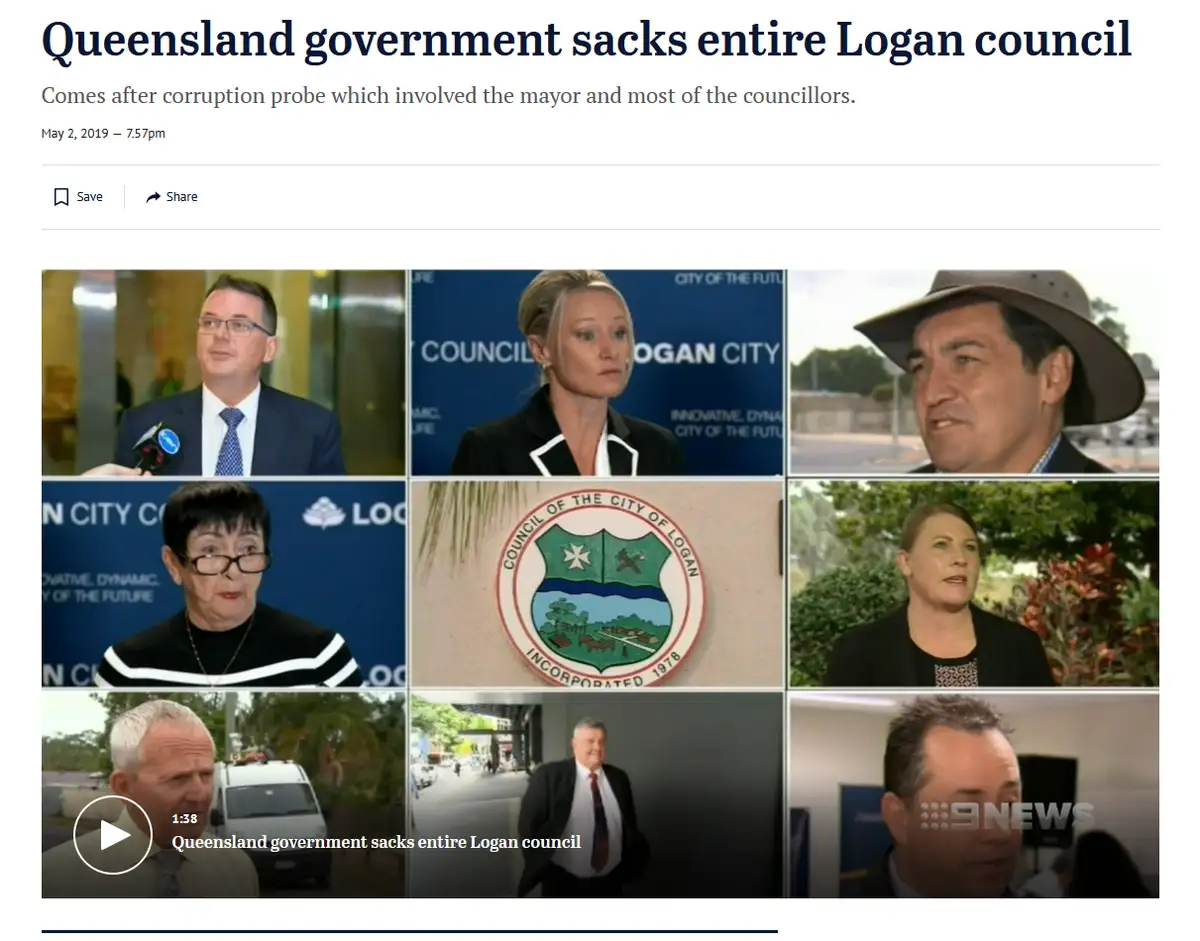 A news article screenshot from May 2, 2019, showing a collage of eight images of Logan City council members and the…