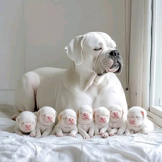 A large white adult dog with closed eyes sits serenely on a bed near a window, surrounded by six tiny white puppies also…