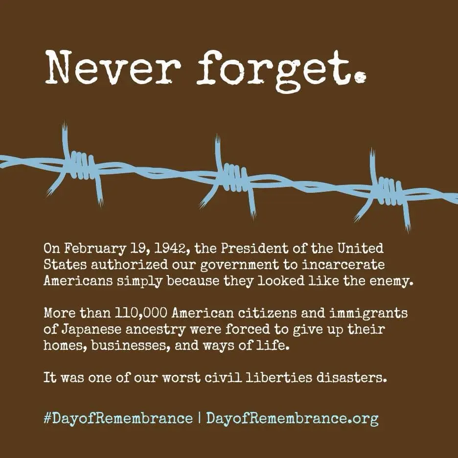 A brown background image features the text 'Never forget.' above a blue barbed wire graphic. Below, it states that on…