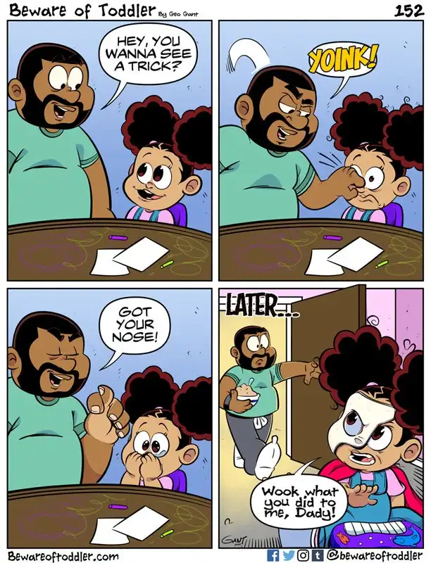 A four-panel comic strip shows a father playfully pulling his toddler daughter's nose, then proudly showing off the result…