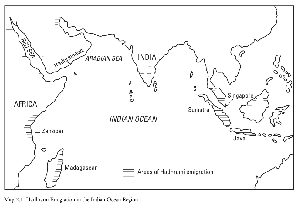A black-and-white map of the Indian Ocean region showing areas of Hadhrami emigration with hatching, including locations…