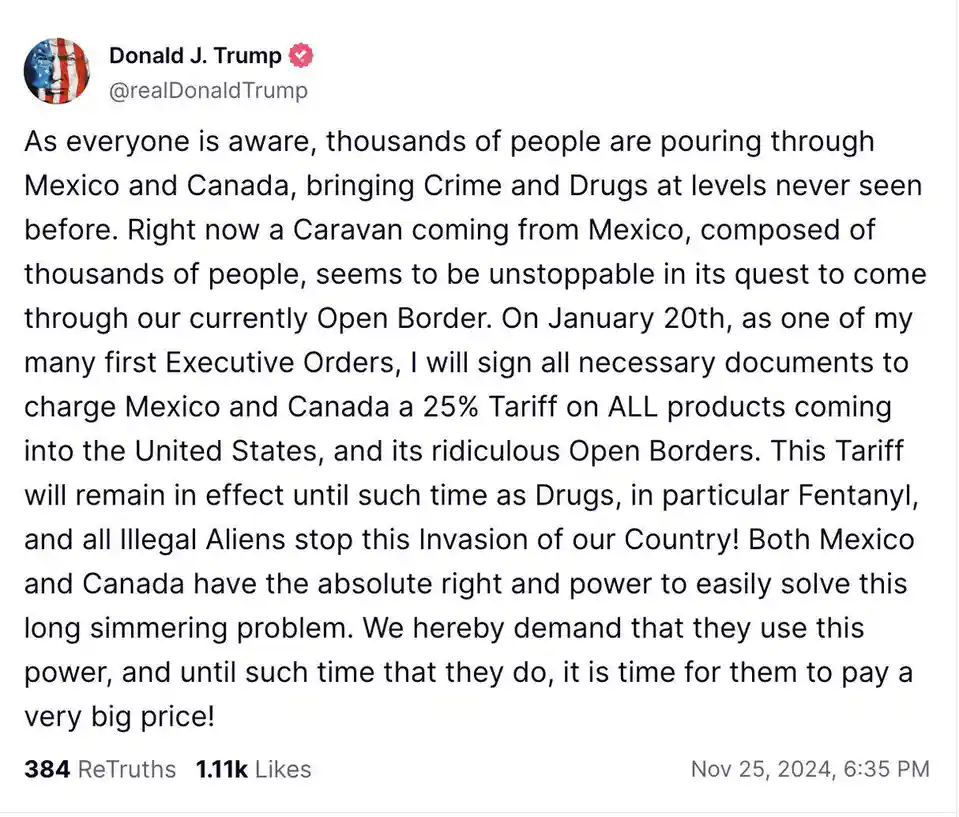 A screenshot of a tweet from Donald J. Trump's verified Twitter account (@realDonaldTrump) dated November 25, 2024, which…