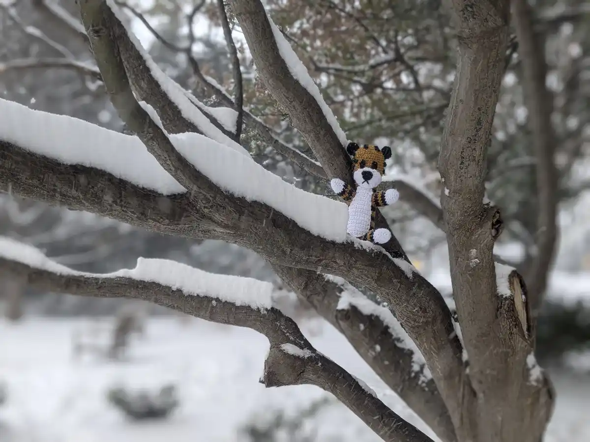 A small, crocheted tiger plushie with black and orange stripes and white paws is perched on a snow-covered tree branch in a…