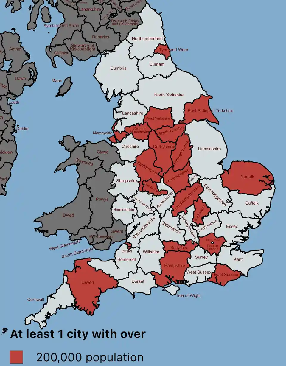 A map of the British Isles showing counties in red if they contain at least one city with over 200,000 population. The…