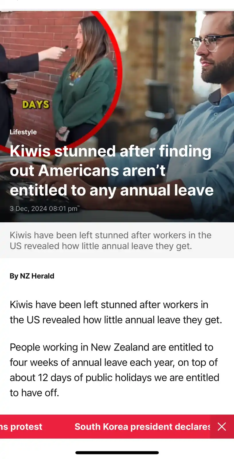 A screenshot of a news article from the NZ Herald with the headline 'Kiwis stunned after finding out Americans aren't…