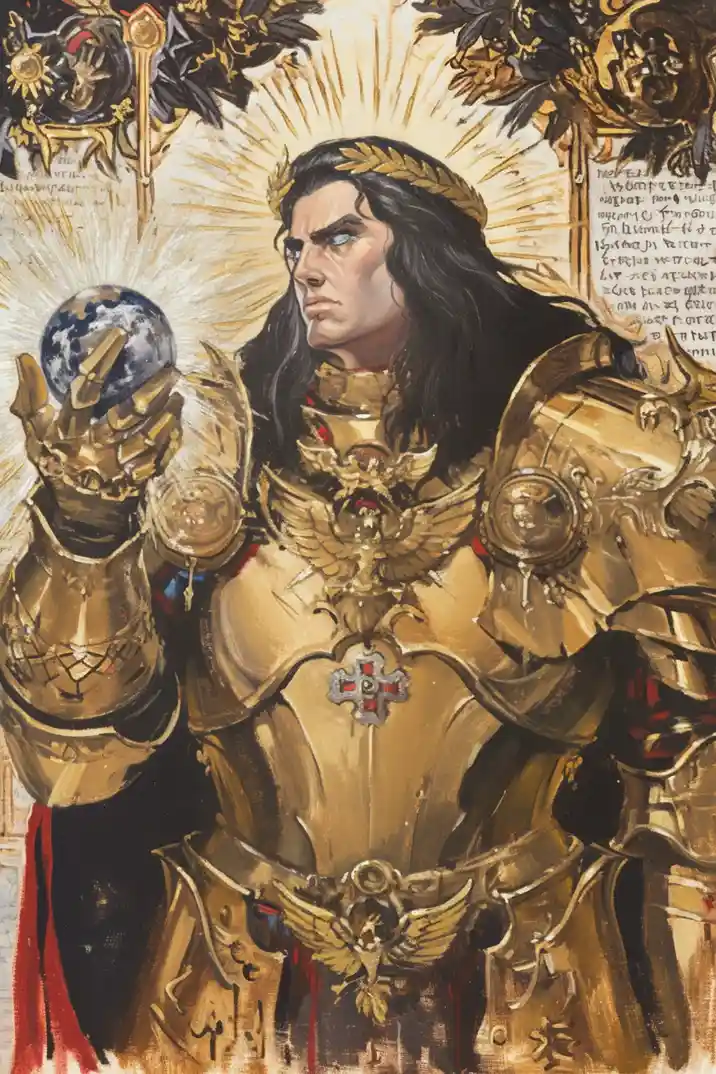 A painting depicts a stern, long-haired man in ornate golden armor holding a globe, with a radiant halo behind his head and…