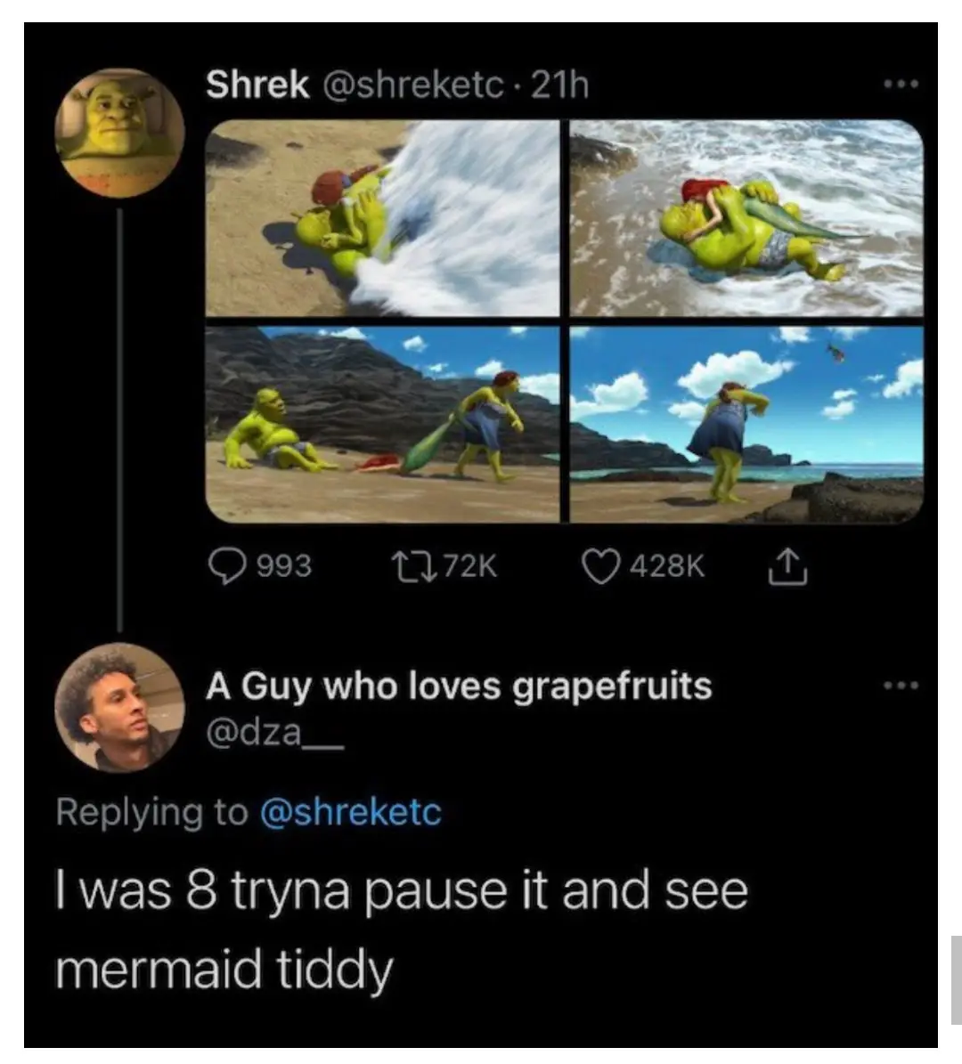 A screenshot of a Twitter thread shows a user named 'Shrek' posting a four-panel image from the movie 'Shrek 2' depicting…
