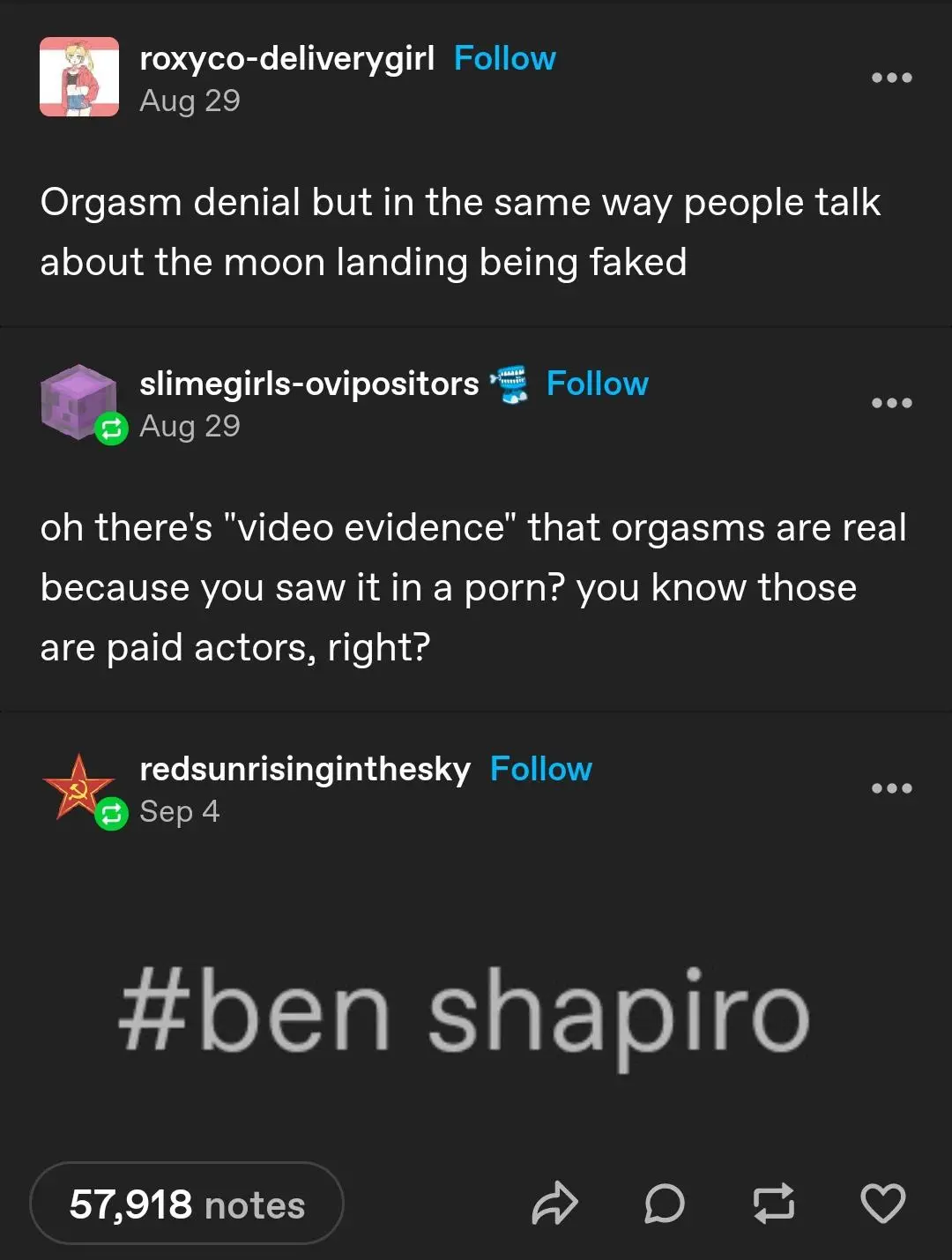 A screenshot of a Tumblr thread showing three comments. The first user says 'Orgasm denial but in the same way people talk…