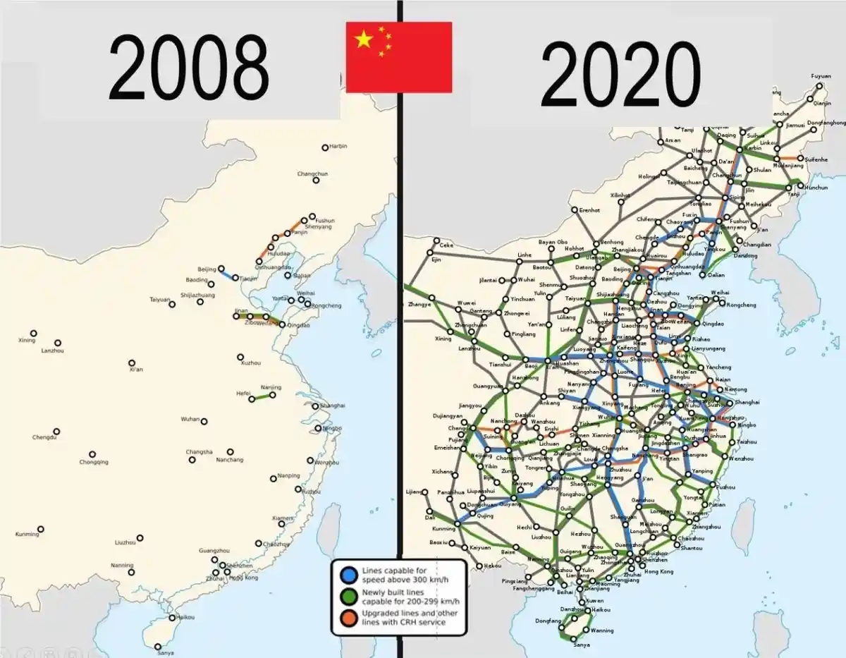 A split-screen map of China comparing high-speed rail networks in 2008 (left, sparse lines) versus 2020 (right, dense…