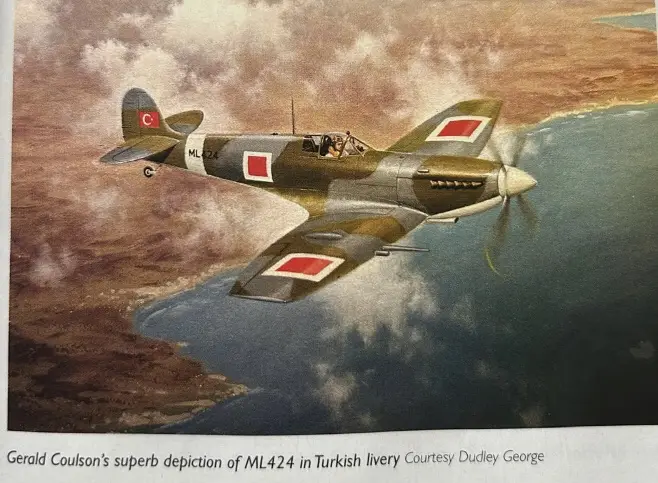 A vintage-style illustration shows a military aircraft, marked with Turkish flag insignia and the code 'ML424', flying low…