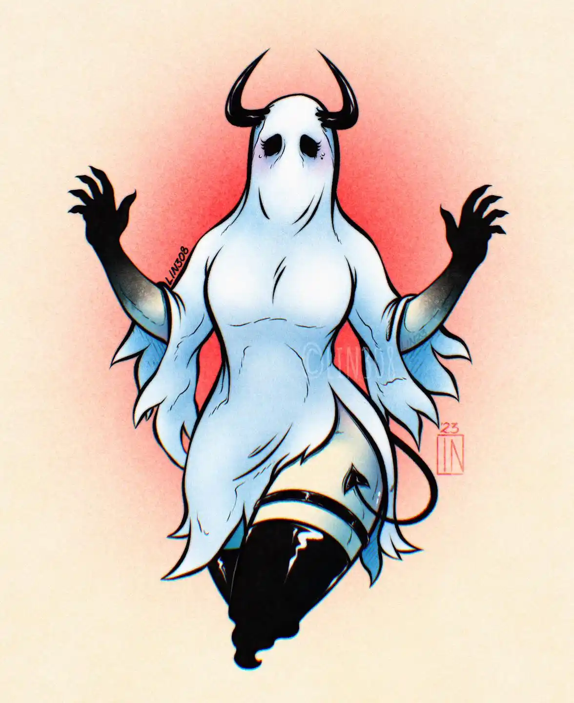 A stylized illustration of a ghostly humanoid figure with black horns, long black fingernails, and a black strapon, set…