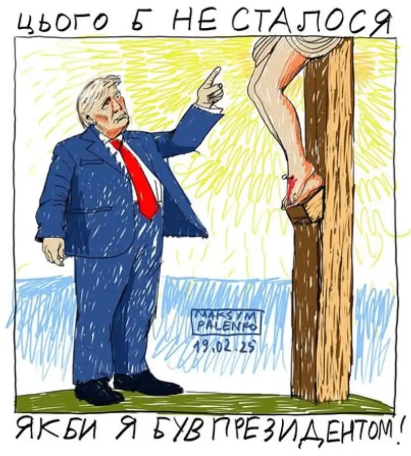 A cartoon depicts Donald Trump in a blue suit and red tie, pointing angrily at a person's leg stuck in a wooden post. The…
