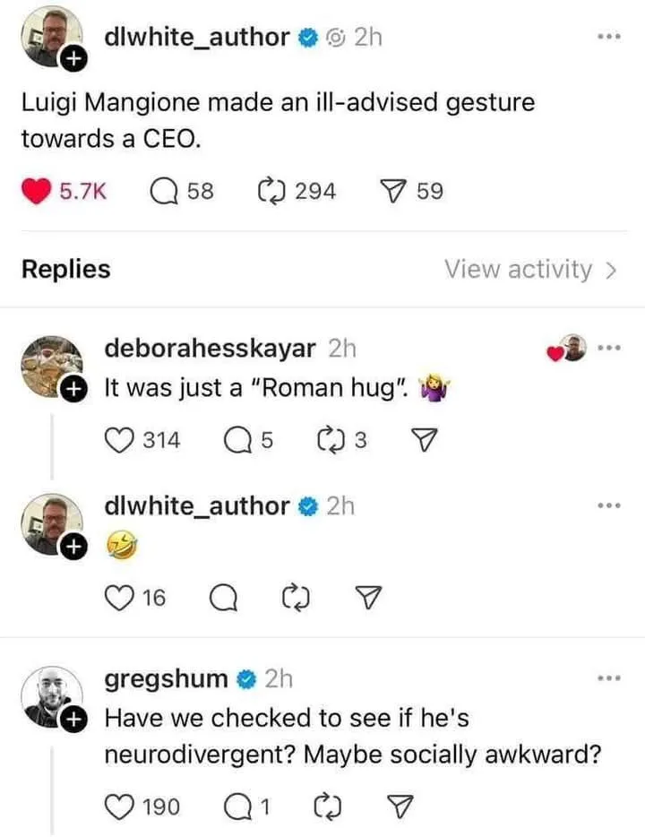 A screenshot of a social media thread shows a user claiming Luigi Mangione made an ill-advised gesture toward a CEO. A reply…
