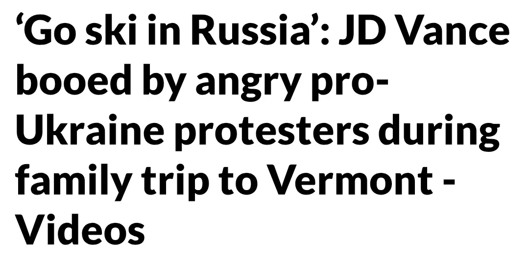 The image displays bold black text on a plain white background. The text reads: 'Go ski in Russia': JD Vance booed by angry…