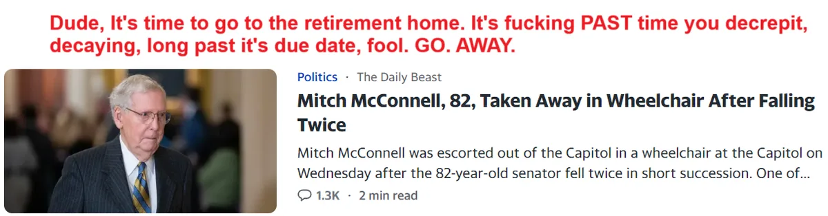 A screenshot of a news article about Mitch McConnell being taken away in a wheelchair after falling twice, overlaid with red…